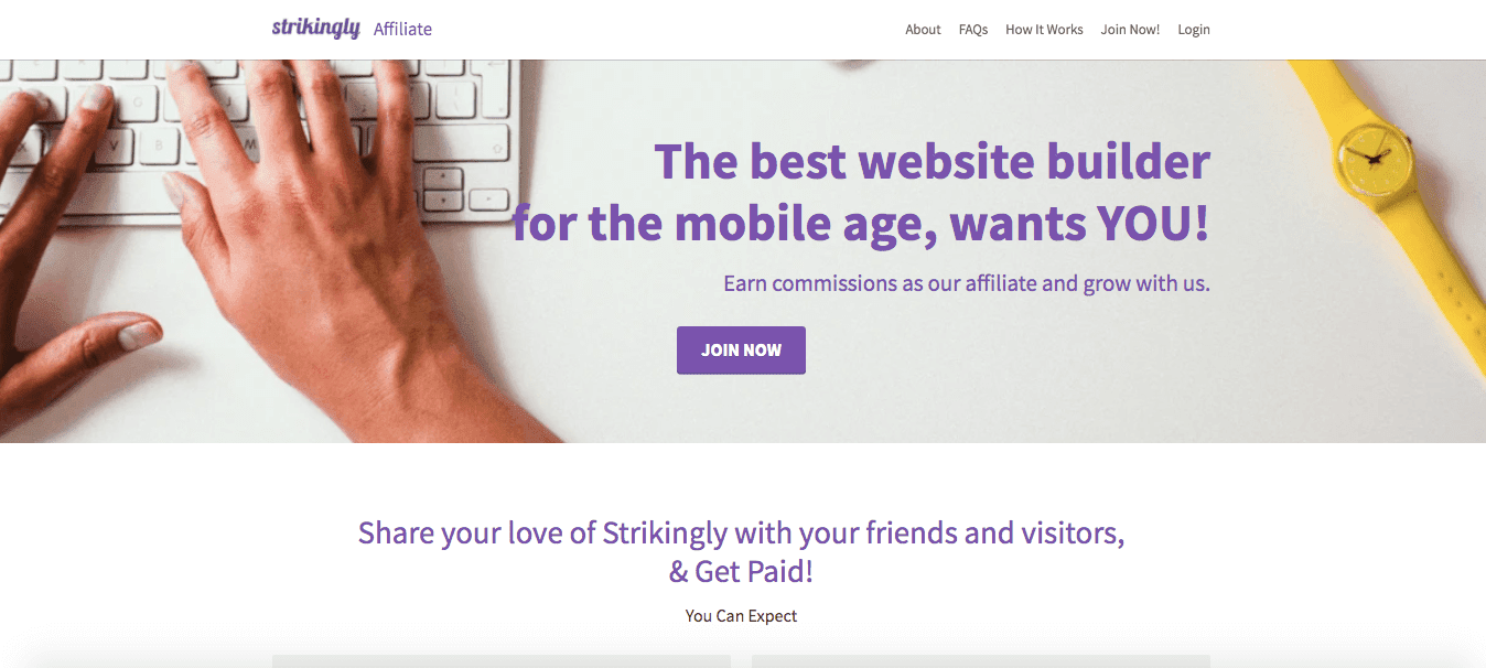Strikingly affiliate program landing page